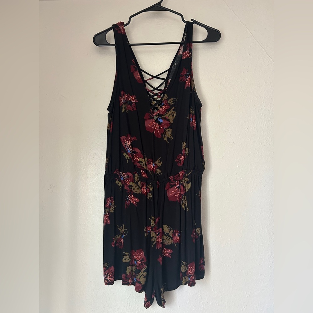 Kendall & Kylie V- Neck Black Floral Romper with Lace-Up Detail